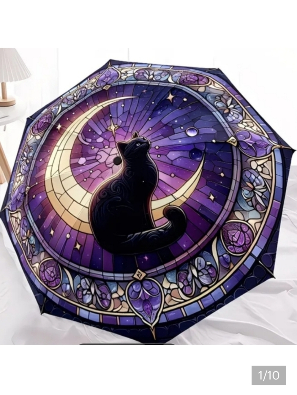 🆕️☔️🐈‍⬛️PURPLE CAT & MOON MOSAIC COMPACT UMBRELLA🐈‍⬛️☔️